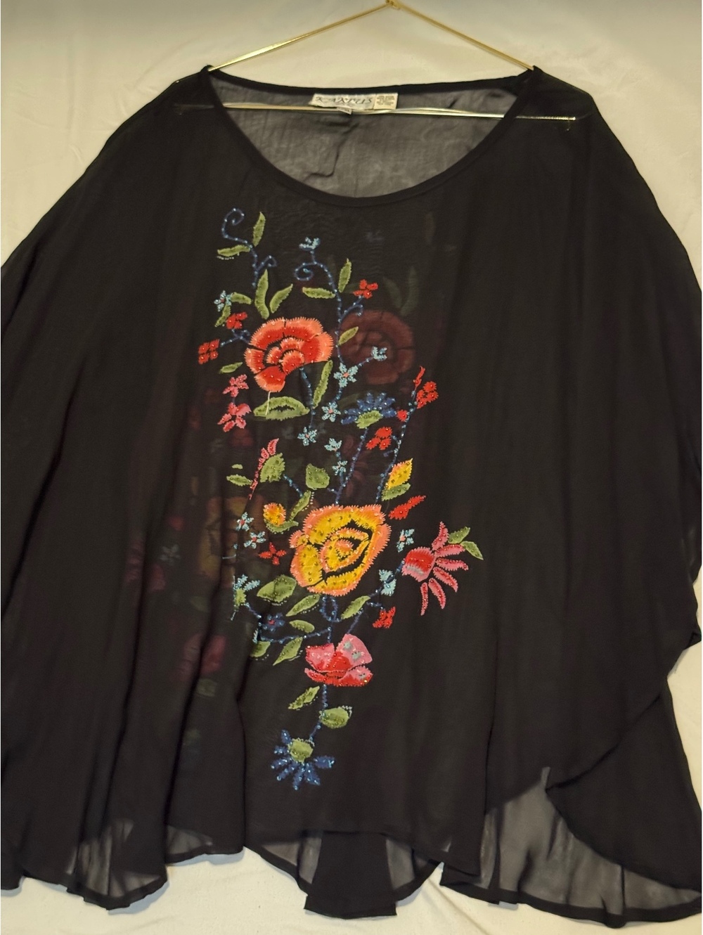 Kaktus Boho Embroidered Floral Sheer Poncho Blouse L-xl